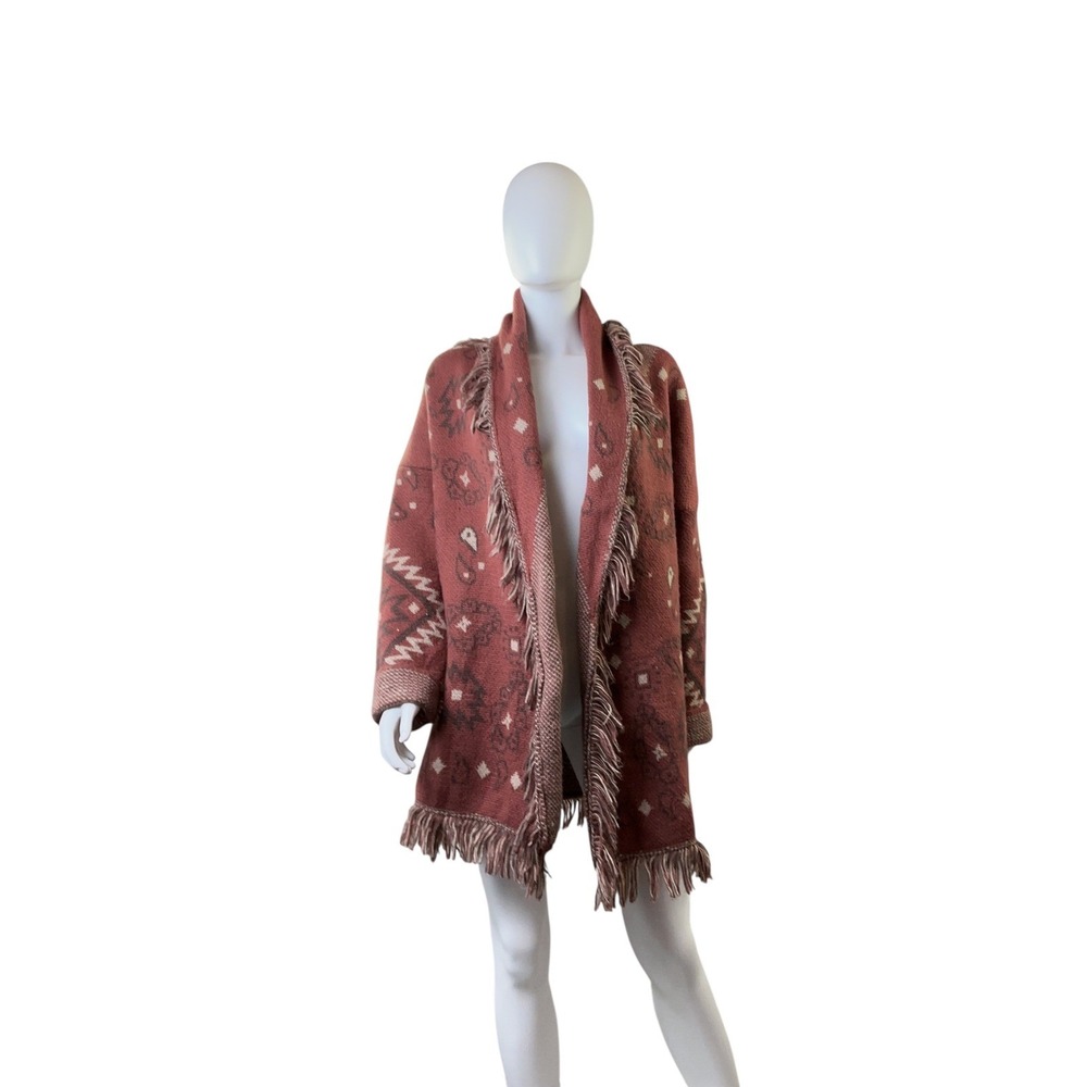 Womens Large Southwestern Fringe Open Front Cardigan Rust 12W2790N - Picture 13 of 16